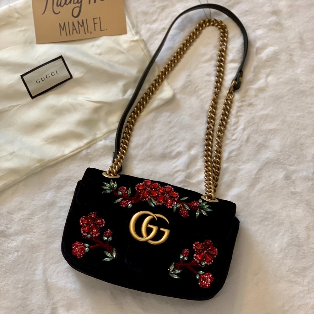 Gucci Marmont Matelasse Small Crystal Velvet Bag